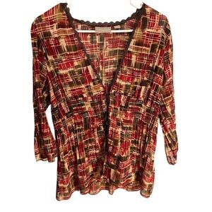 Kim Rogers Womens Red Brown Plaid Lace Trim V-Neck 3/4 Bell Sleeve Blouse Size L